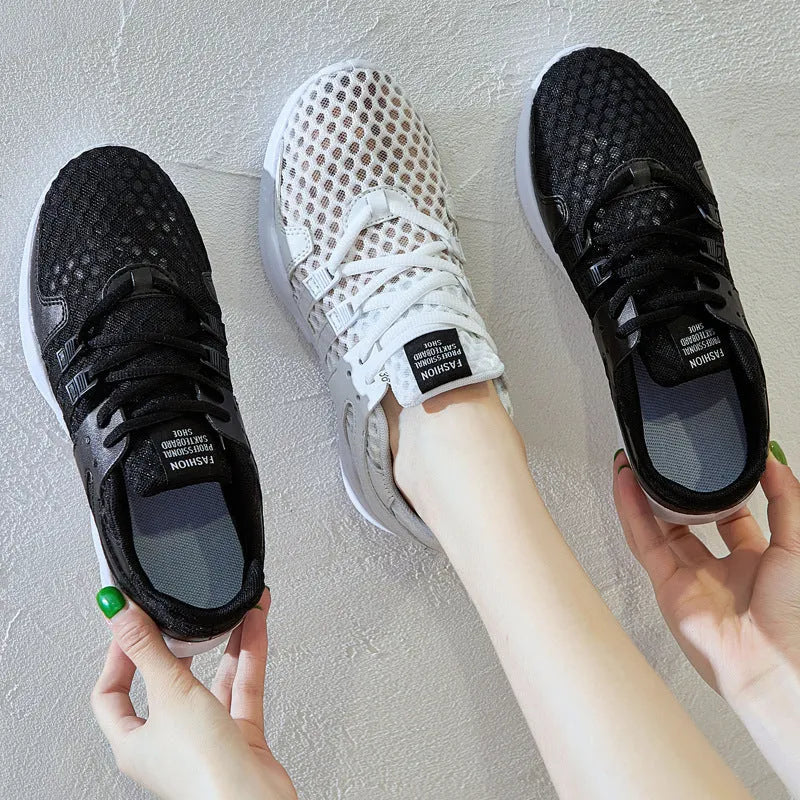 Low top hollow mesh sneakers with round toe and flat heel in breathable summer design