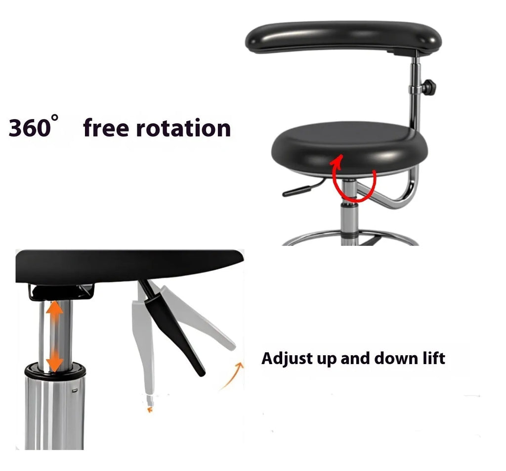 Black leather dental hospital chair with hydraulic height adjustment mechanism