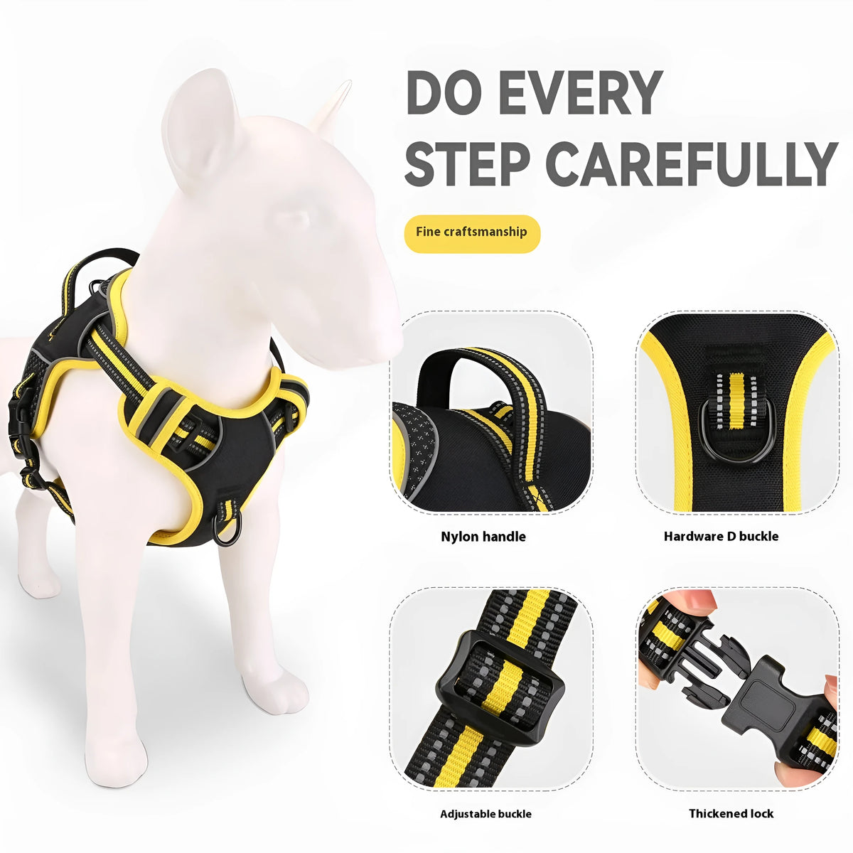 Orange or yellow polyester dog harness and traction strap set on a size label.