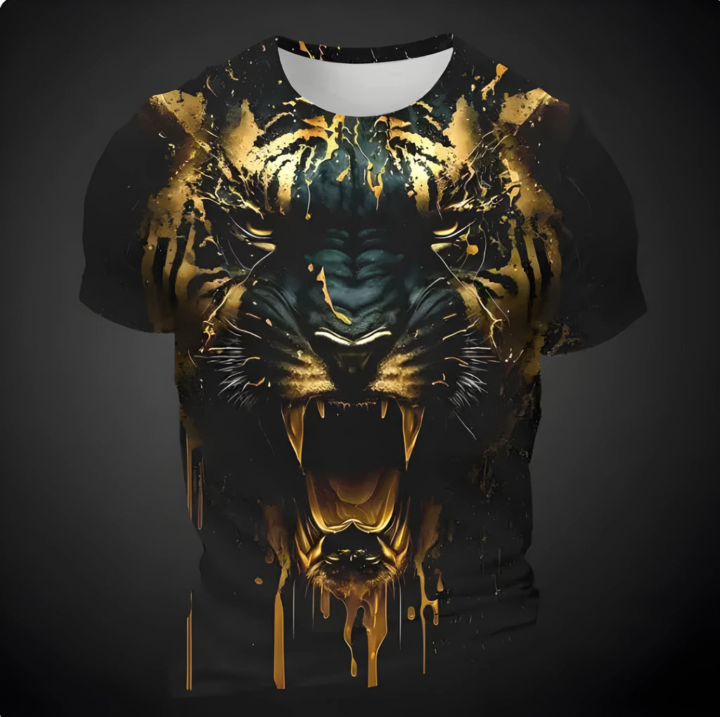 Close-up of a man's grey T-shirt with a detailed 3D tiger face digital print on the chest.