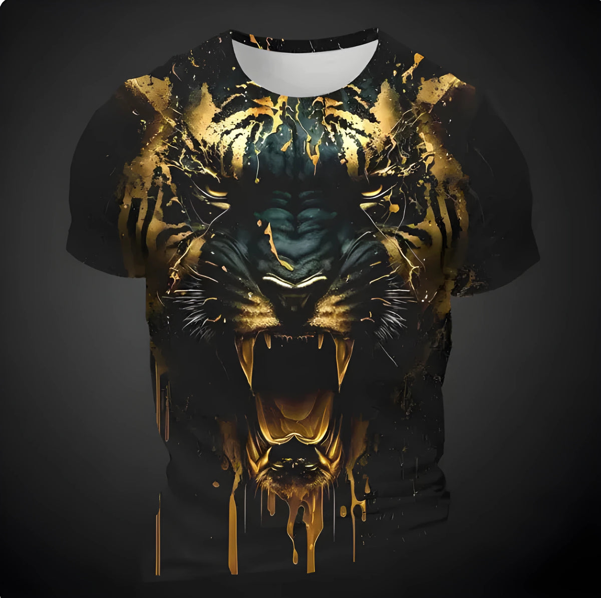 Close-up of a man's grey T-shirt with a detailed 3D tiger face digital print on the chest.