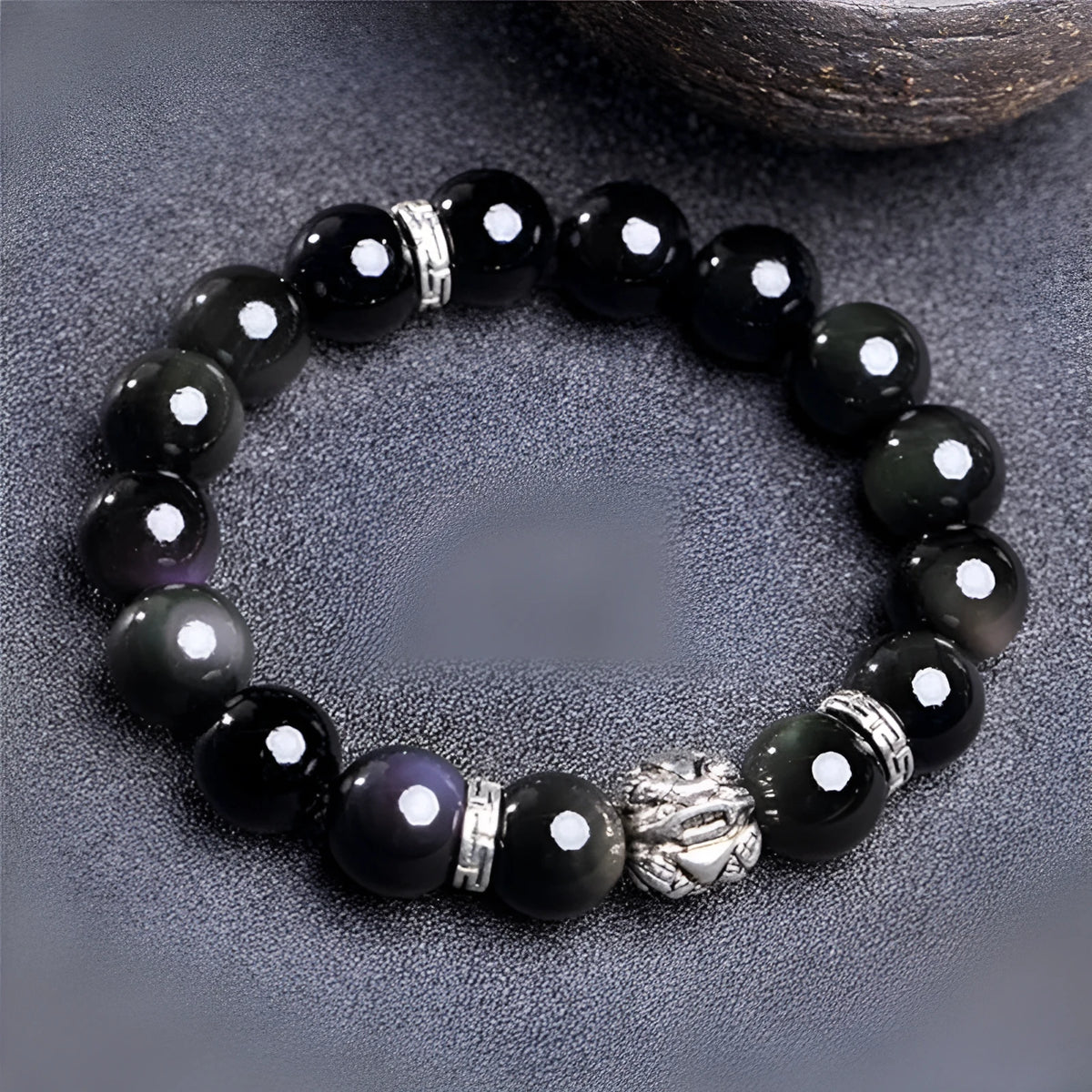 Natural black obsidian and silver cloud year bracelet for men and women, showing 10mm and 12mm bead sizes.