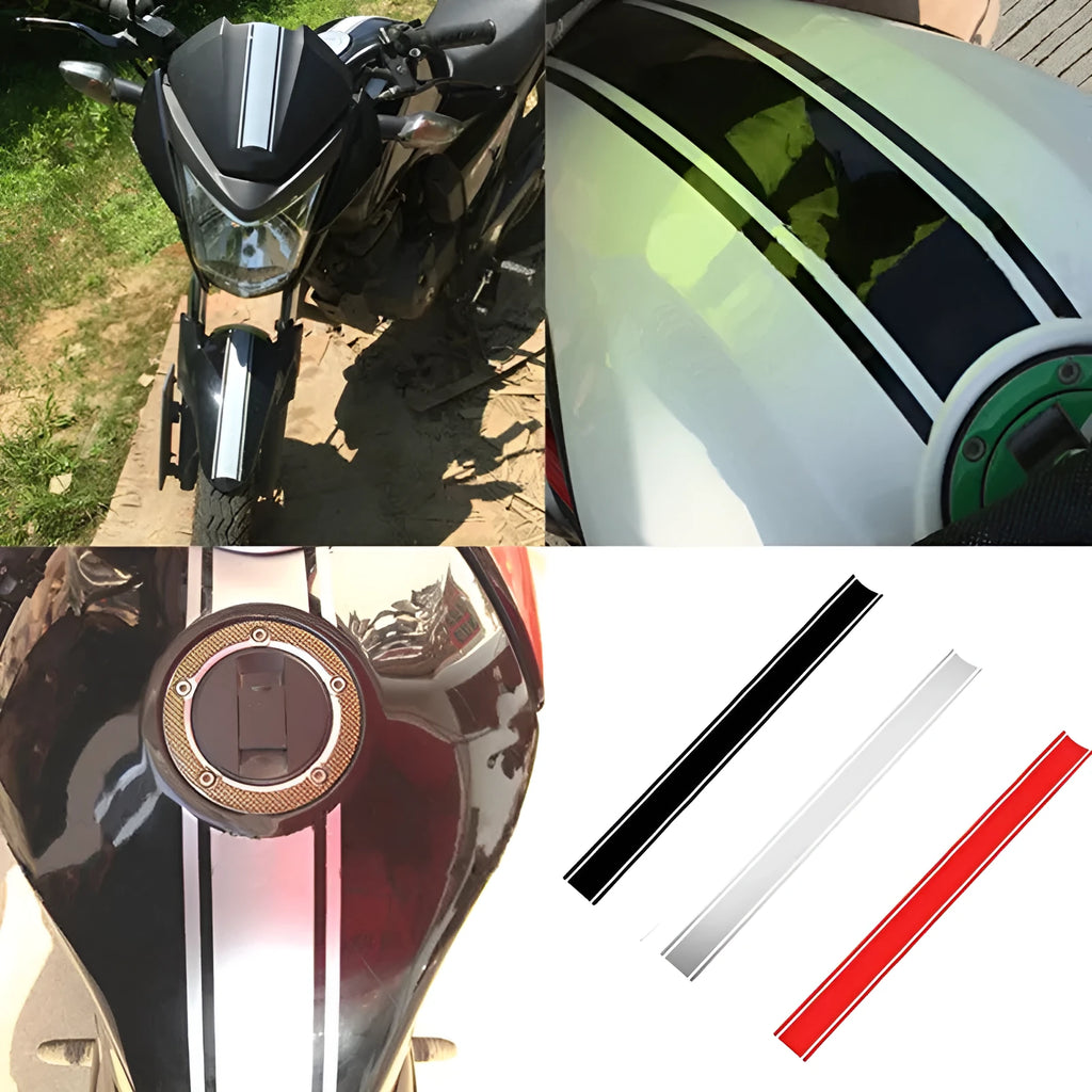 Motorcycle petrol tank reflective pinstripe sticker in black, red, silver, and yellow colour options
