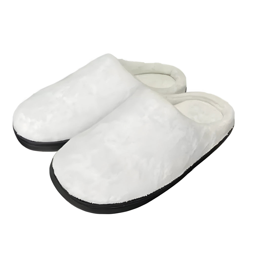 Pair of patterned flannel slippers with a TPR sole, shown in a customisable colour.