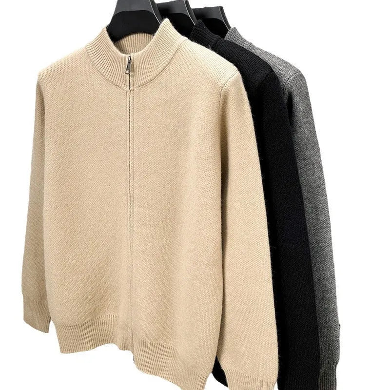 Men's black knitted zip cardigan with stand collar showing loose fit and thickened fabric texture