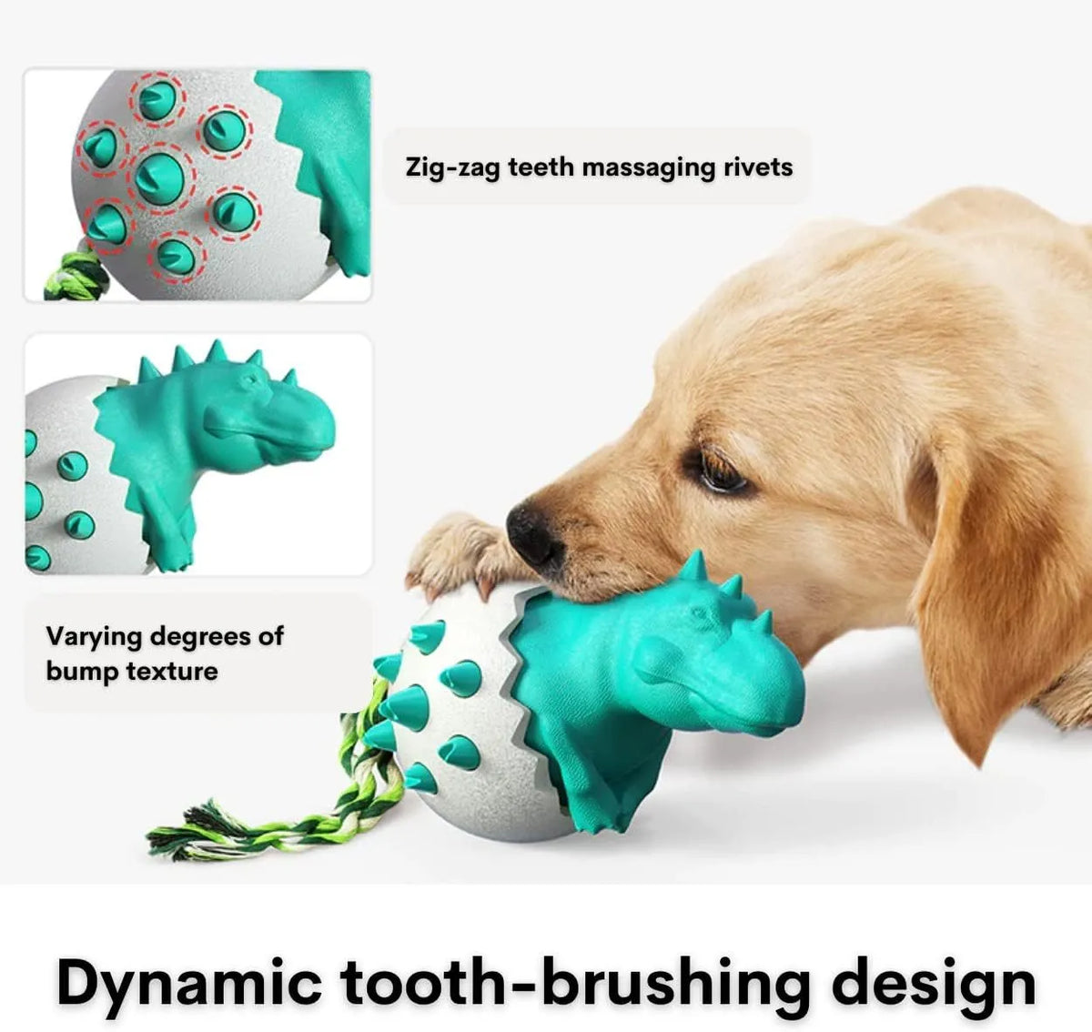 Blue dinosaur-shaped dog chew toy with integrated nylon rope on a wooden floor.