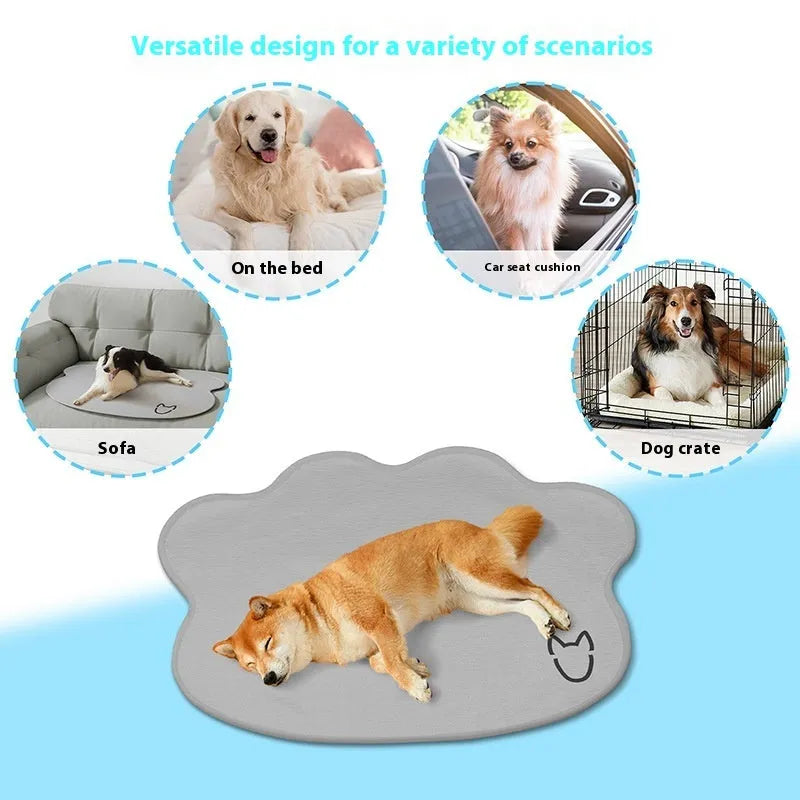 Ice silk pet cooling mat in dog head shape, shown in light gray, on a wooden floor