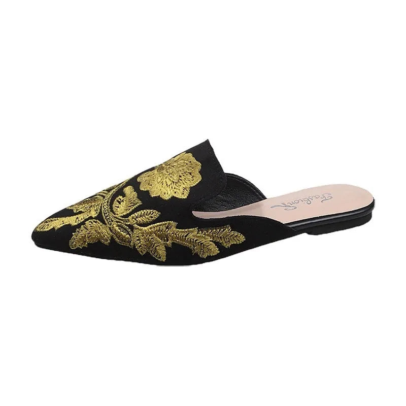 Women's embroidered round toe slippers with PU upper and rubber sole, shown in black colourway, sizes 35 to 40