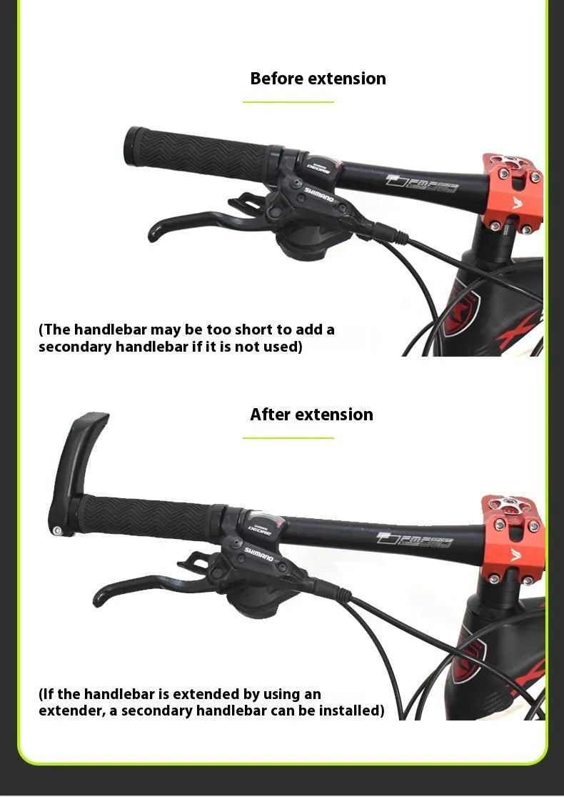 A pair of silver aluminium alloy bicycle handlebar extension rods showing their folded and extended positions.