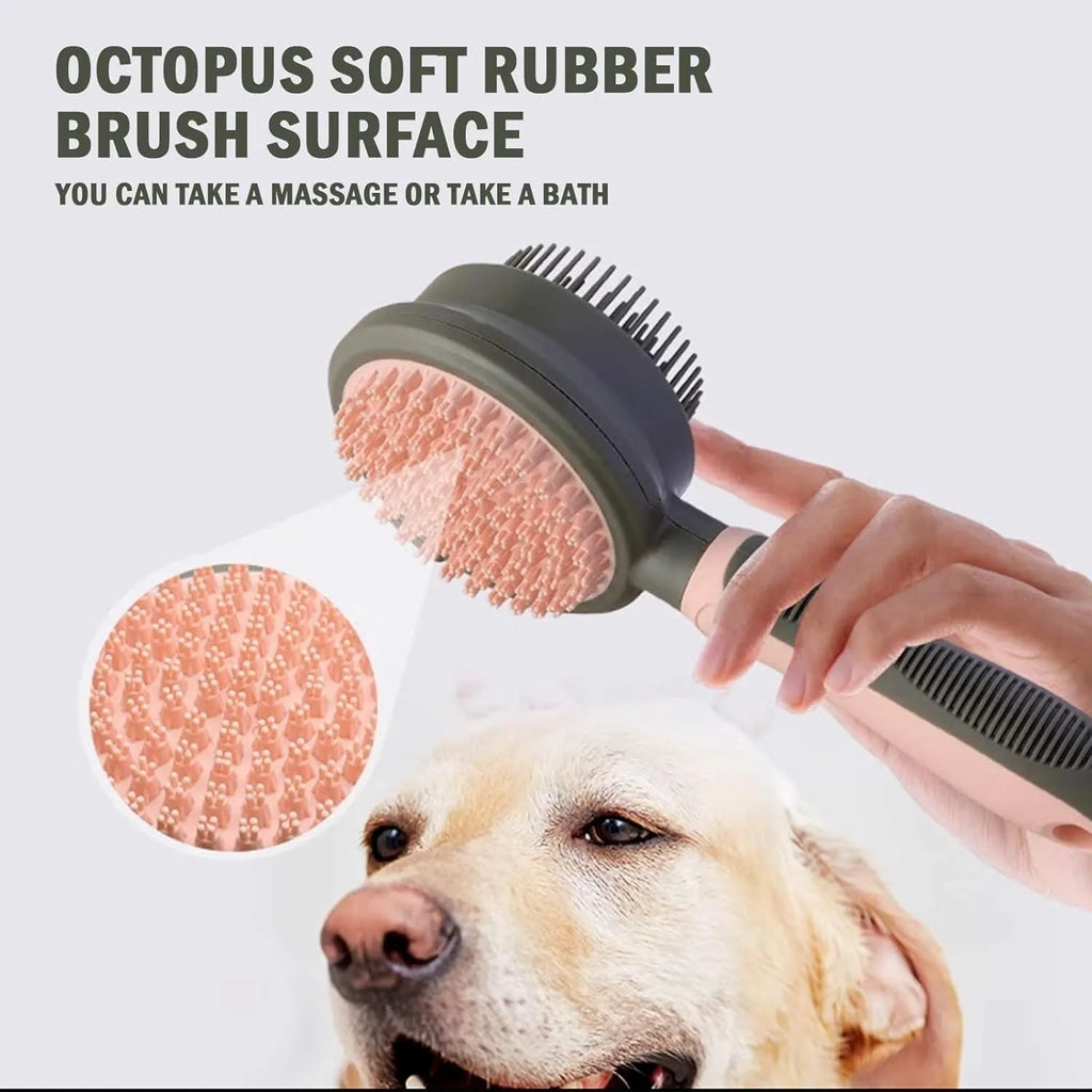 Green and pink double sided cat grooming brush with release button and flea comb
