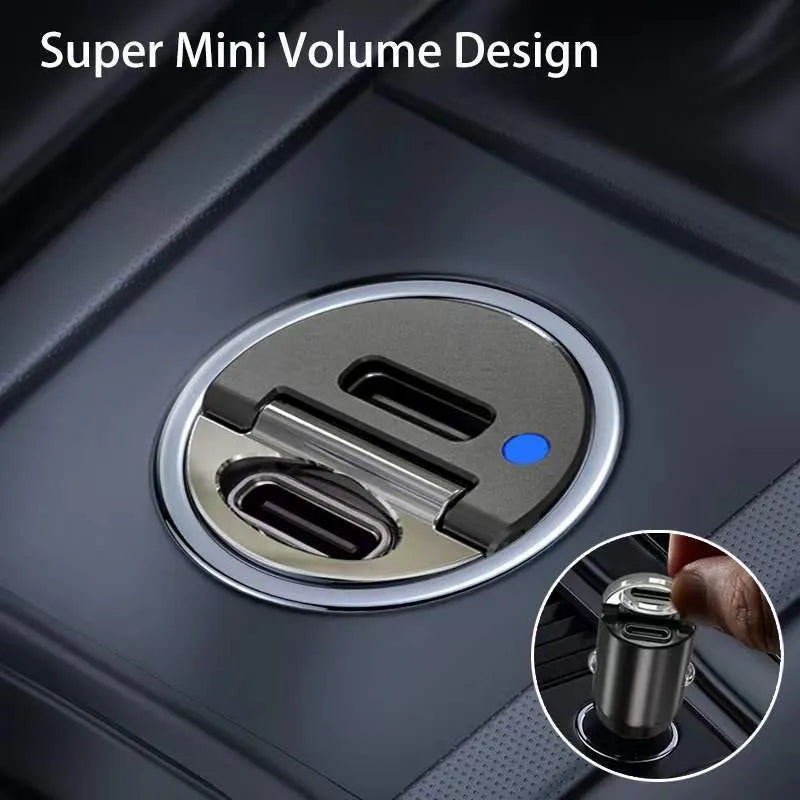 Mini 30W car cigarette lighter charger with zinc alloy housing, compact 45x20.7mm dimensions