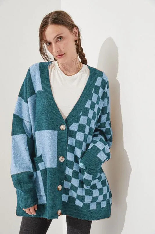 Printed checks pattern cardigan with loose slim fit and regular sleeves in polyester-spandex blend fabric