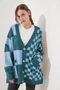 Printed checks pattern cardigan with loose slim fit and regular sleeves in polyester-spandex blend fabric