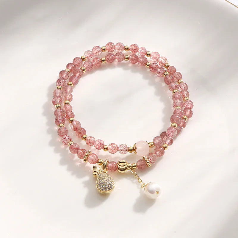 Women's strawberry quartz crystal bracelet with geometry shape wallet design