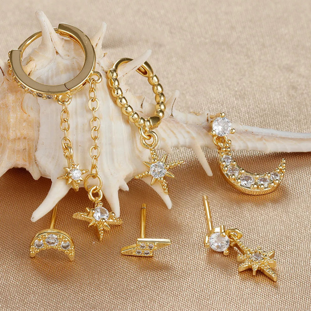 XINGX six-piece gold chain tassel earring set with zircon studs on copper