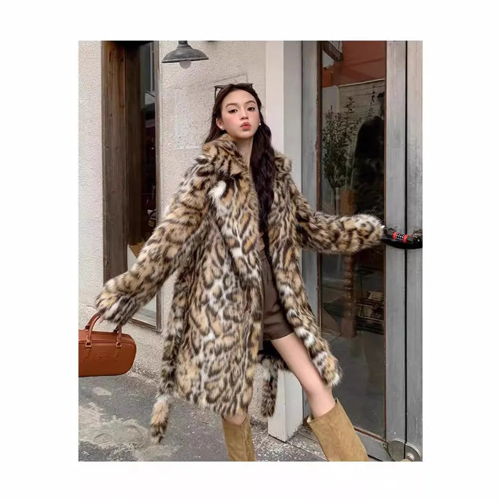 Artificial fur coat with faux fur fabric and fur collar in street fashion style
