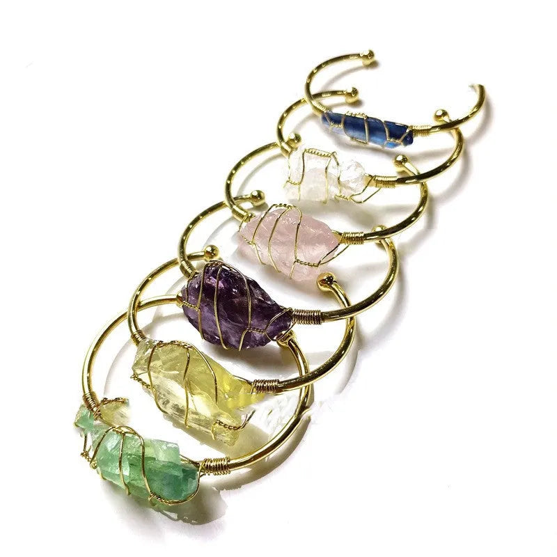 Natural crystal rough stone bracelet with gold winding geometric design in bohemian ethnic retro style