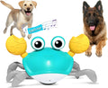 Blue electronic crawling crab dog toy with obstacle avoidance sensors on floor