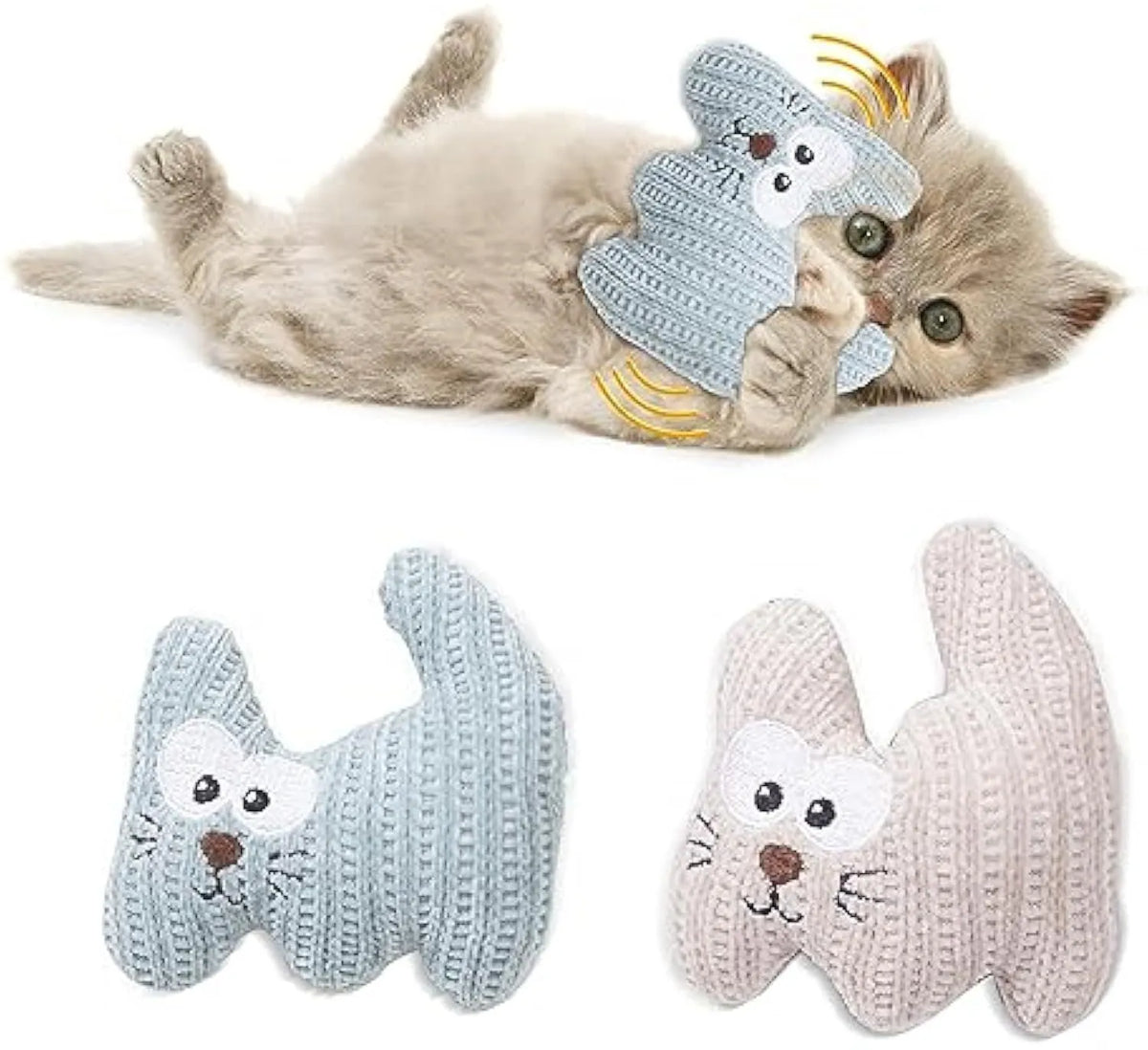 Cyan and light coffee coloured knitted plush cat toy with bell and catnip, shown next to a ruler showing 12cm length.