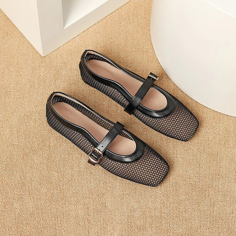 Women's beige mesh low-heel pumps with a square toe and silver buckle closure on a white background.