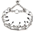 Stainless steel dog training pinch collar with comfort rubber tips, shown adjusted to fit a medium-sized dog's neck.
