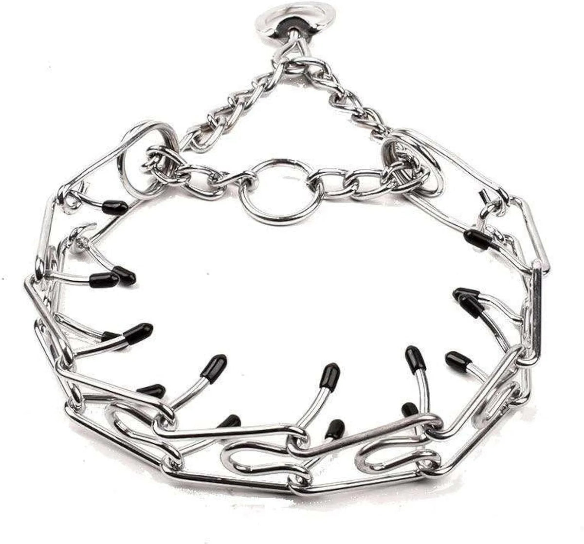 Stainless steel dog training pinch collar with comfort rubber tips, shown adjusted to fit a medium-sized dog's neck.