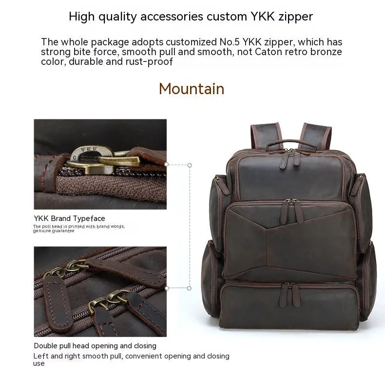 Dark brown retro crazy horse leather backpack for men with a 17-inch laptop compartment.