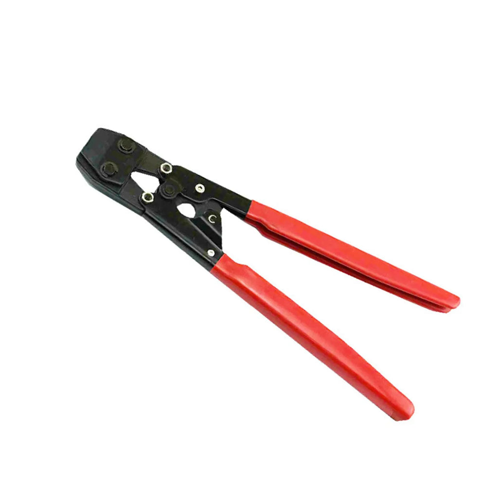Red cloth style single ear PEX clamp tool set on a metal background.