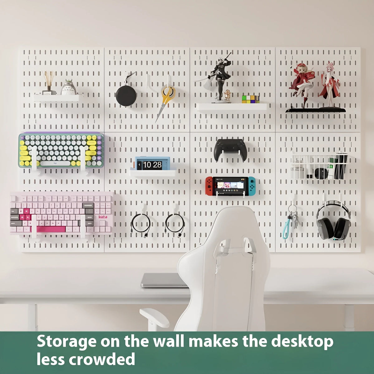 White punch-free storage rack with wire-wrap board organisation system mounted on wall