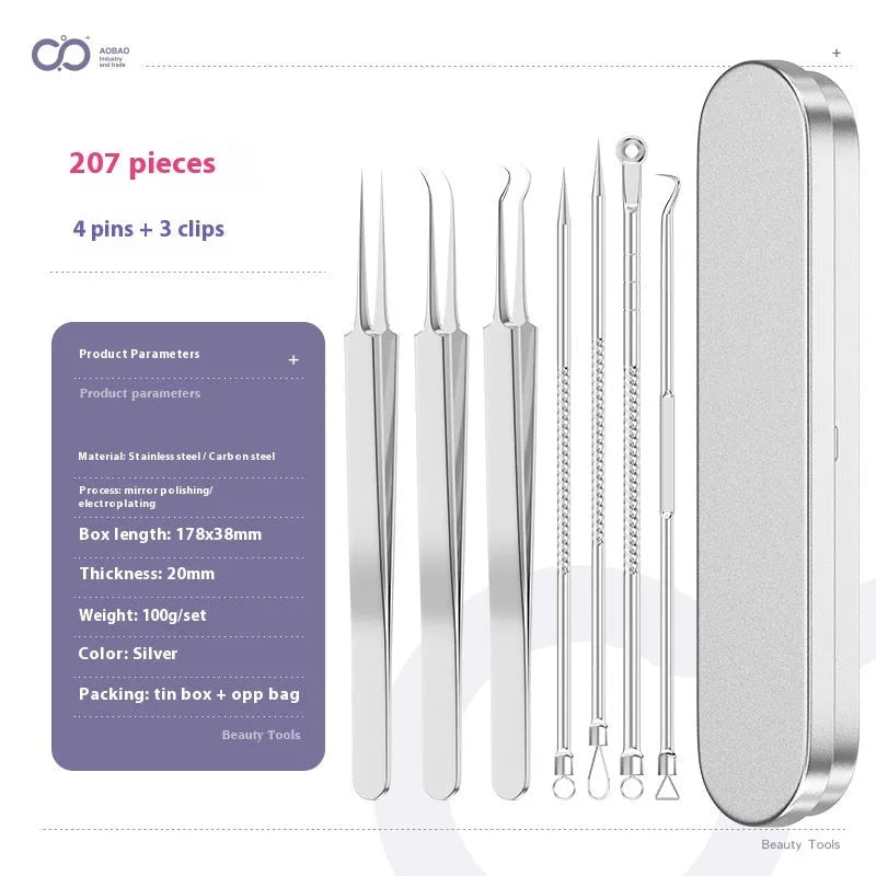 4-piece metal acne needle set with ultra-fine pointed clips on a silver background.