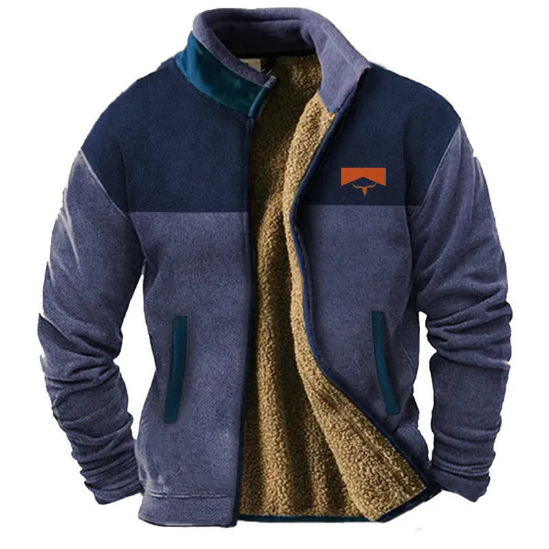 Men's blue polyester fleece padded coat with regular length design on hanger