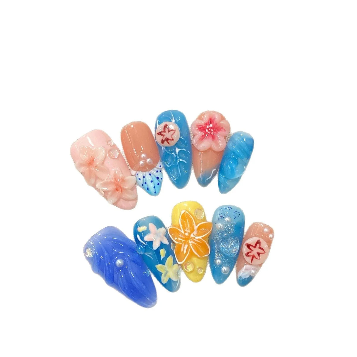 Three-dimensional carved jellyfish design on plastic wearable armour in almond nail colour.