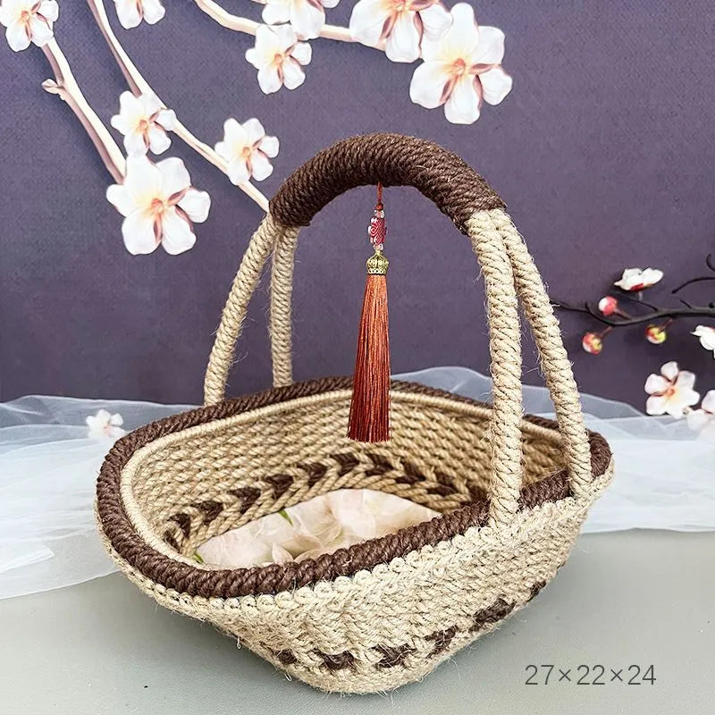 Hand-woven hemp rope basket in pastoral retro style measuring 19cm by 12cm