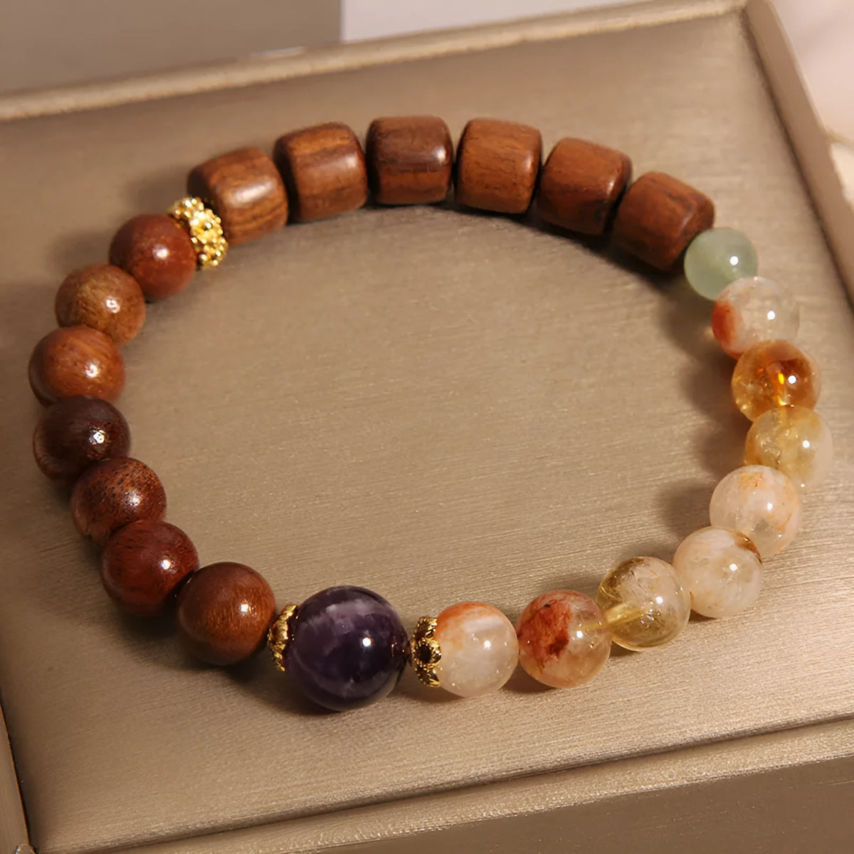 Women's bracelet with yellow tower crystal, ebony amethyst beads, pearl and rhinestone detailing in pineapple yellow colour.
