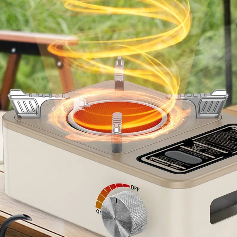 White portable stainless steel infrared gas stove for outdoor windproof cooking.
