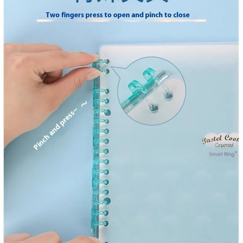 Refillable A5 and B5 spiral notebook with PP cover in pastel cookie blue and plaid impression patterns next to paper refills.