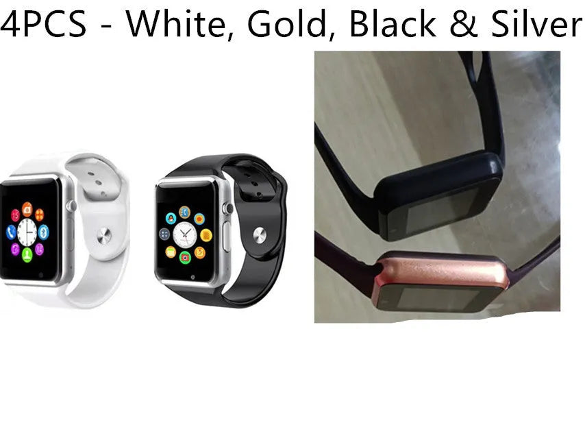 A1 Smart Watch with 1.54-inch screen showing interface, available in black silver white gold pink red green blue colour options