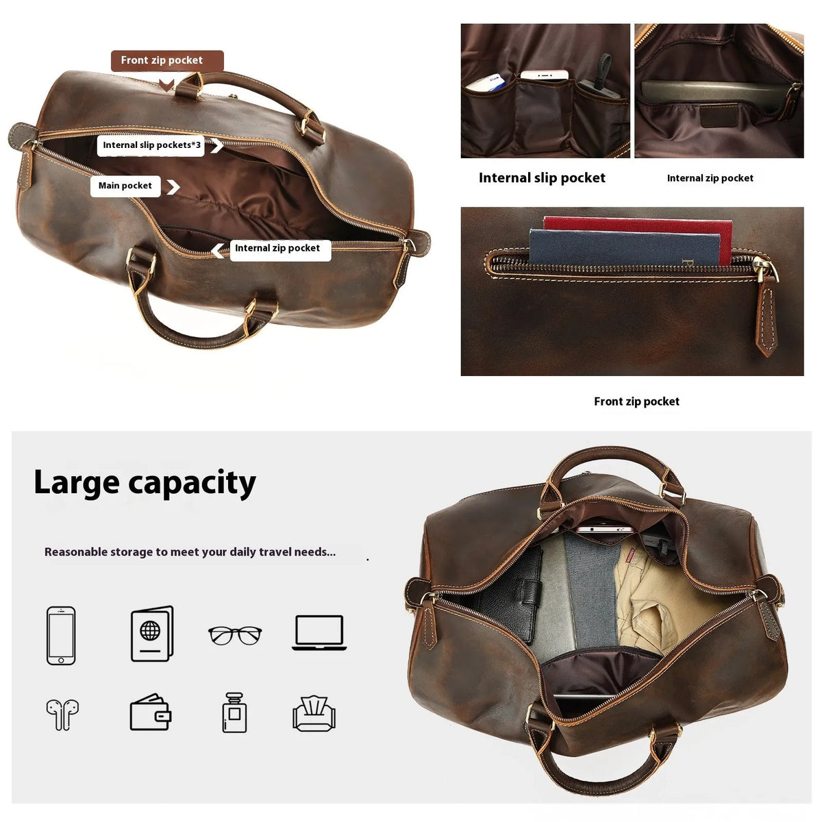 Men's vintage brown leather crossbody messenger bag shown with dimensions