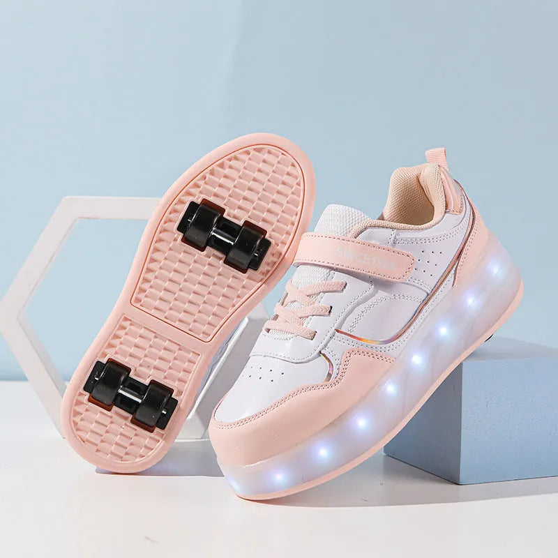Children's charging roller skates with LED wheels in pink, purple, black or white colours