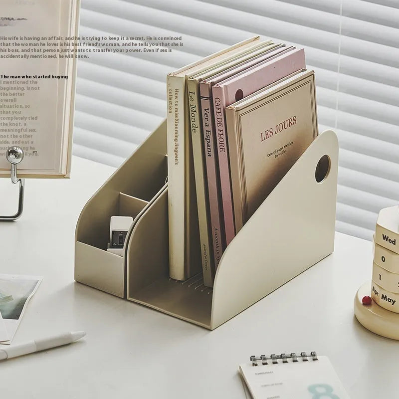 Plastic desktop storage box with two internal shelves in milk coffee colour.