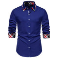 Men's plaid contrast triangle collar long sleeve shirt in polyester blend fabric