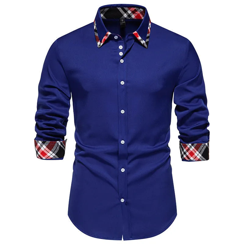 Men's plaid contrast triangle collar long sleeve shirt in polyester blend fabric