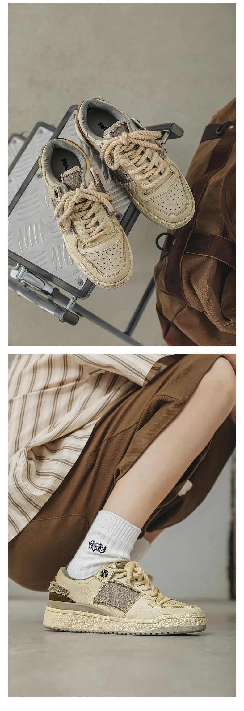 Beige low-top vintage style skateboard shoes with round toe and lace-up front on a rubber sole.