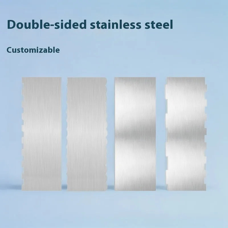 Stainless steel cream scraper cake decorating tool showing polygon patterns for textured cake finishes