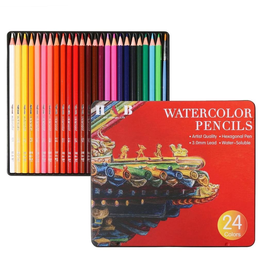 Water-soluble coloured pencils set with 24 wooden barrel colours in iron storage box HB-WPTB024