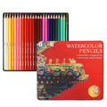 Water-soluble coloured pencils set with 24 wooden barrel colours in iron storage box HB-WPTB024