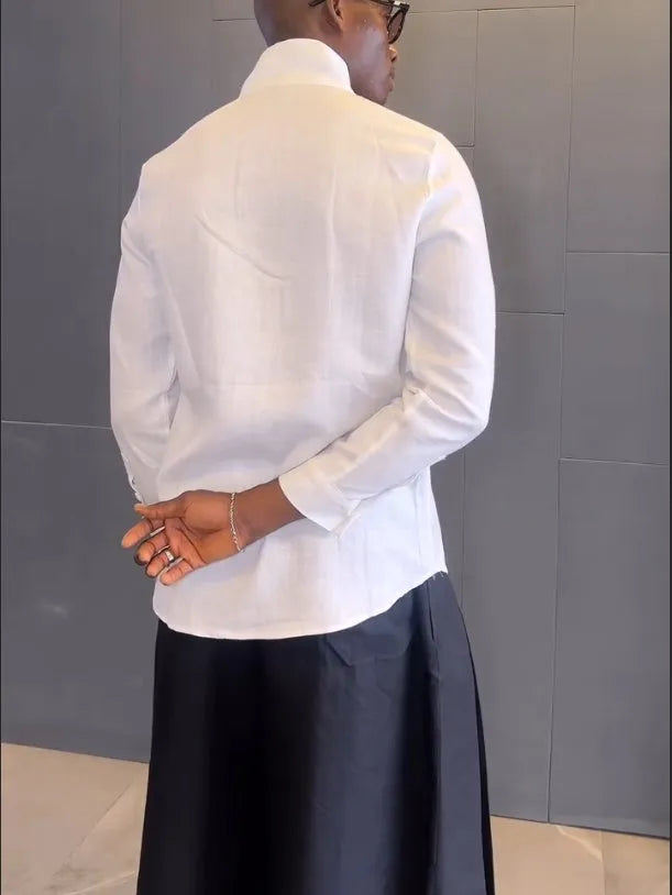 White asymmetric-front long-sleeve shirt and black pleated trousers women's casual set