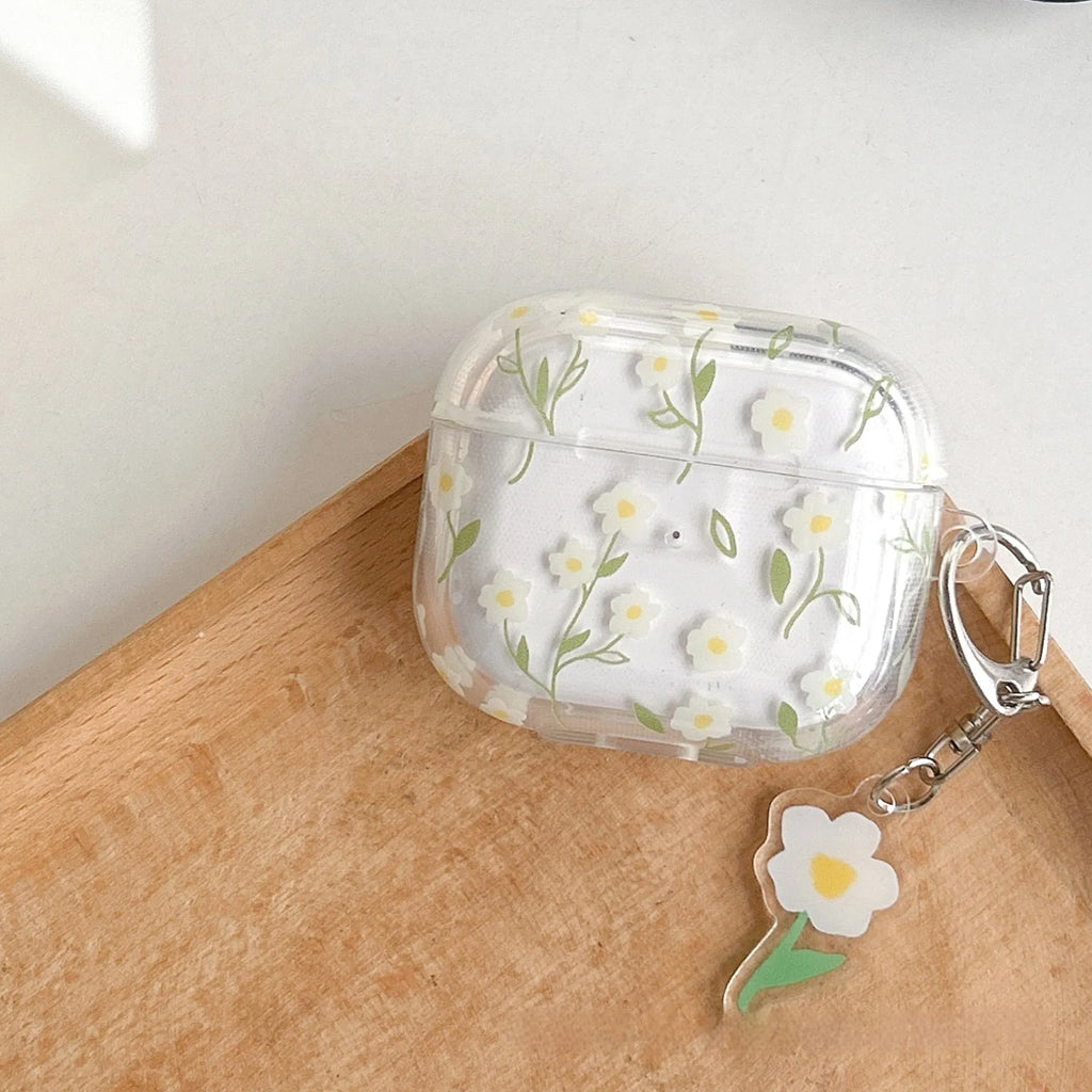 White floral decorative pattern on a high transparency TPU protective case for Apple AirPods.