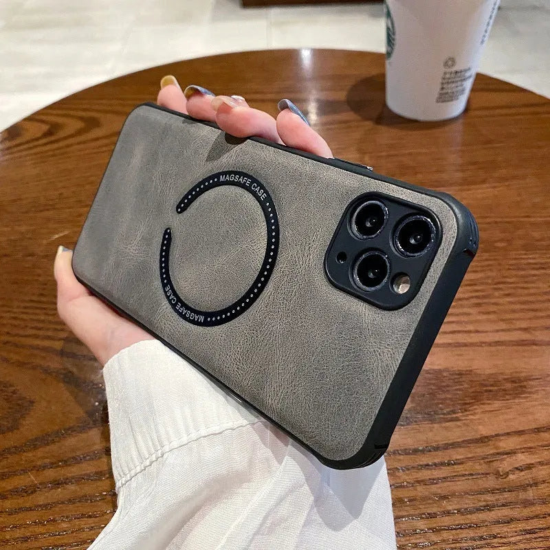 Business magnetic charging iPhone case in imitation leather with anti-fingerprint coating