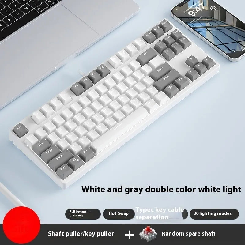 87-key wired mechanical keyboard with hot-swappable sockets in a dual-colour design